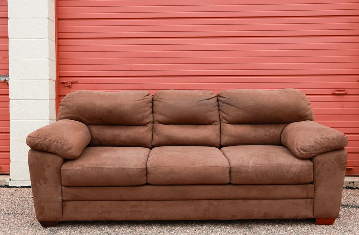 Brown microfiber 3-seat sofa couch with plush cushioned back and wood block feet