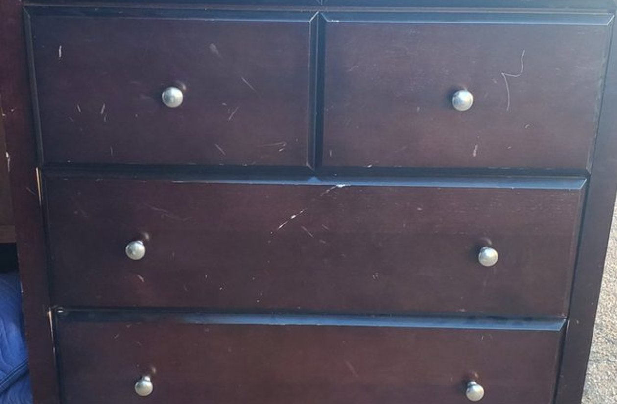 Dark espresso 6-drawer tall dresser chest with silver knobs and tapered legs