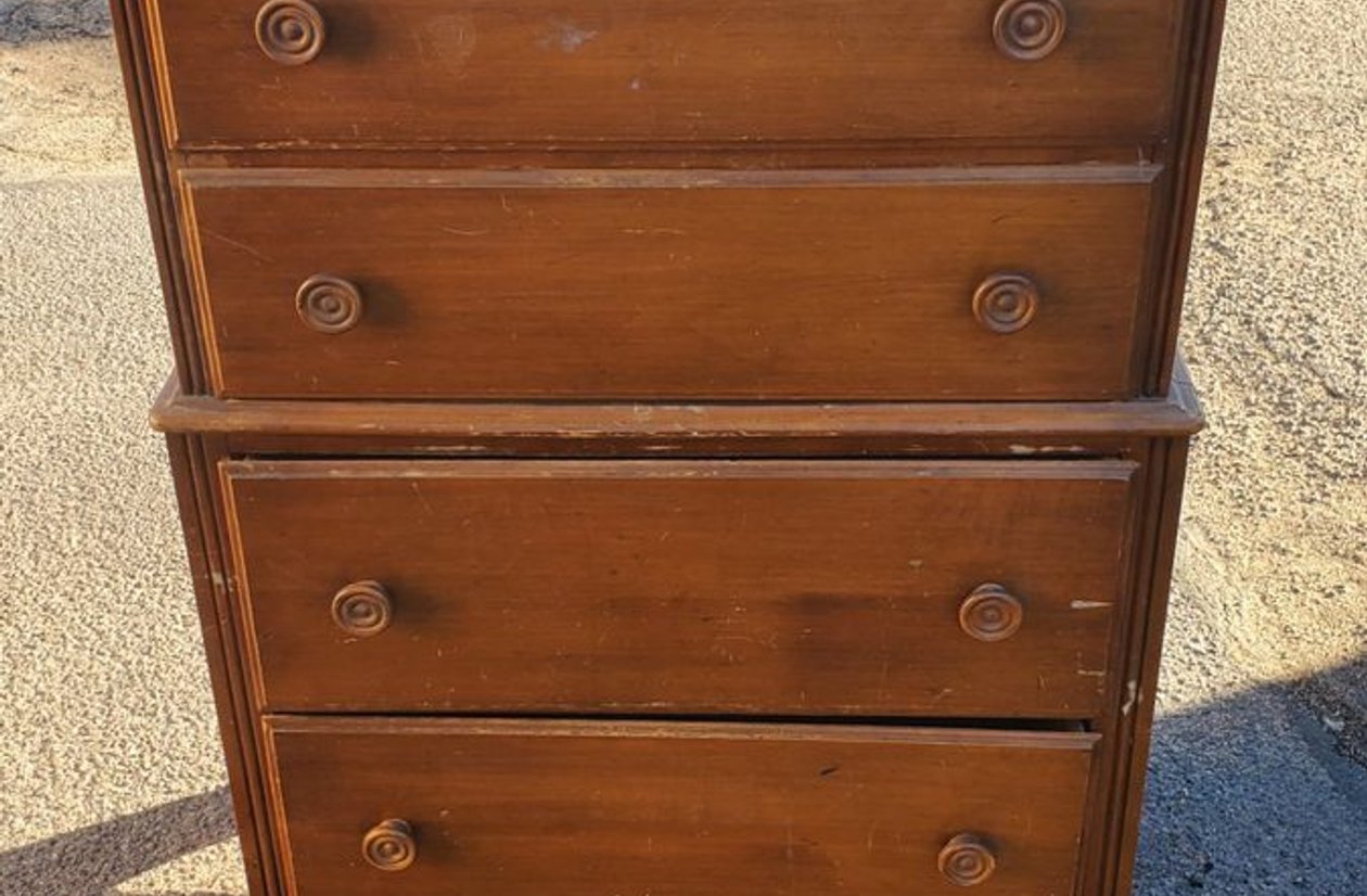 Vintage solid wood 6-drawer tall dresser chest with carved ring pulls